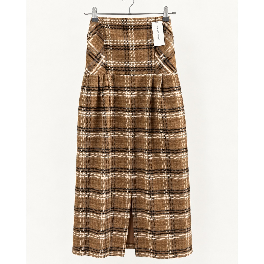 Anthropologie Plaid High Waisted Midi Skirt Brown Ivory Size 4 NWT